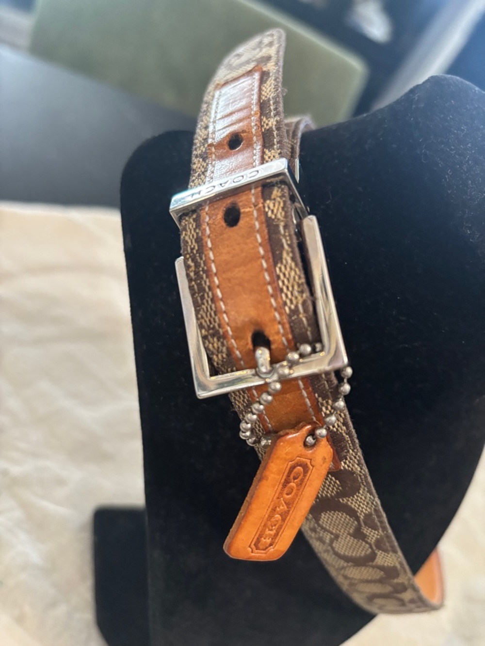 Coach Brown/Tan Signature Canvas Leather Belt with Silver Buckle